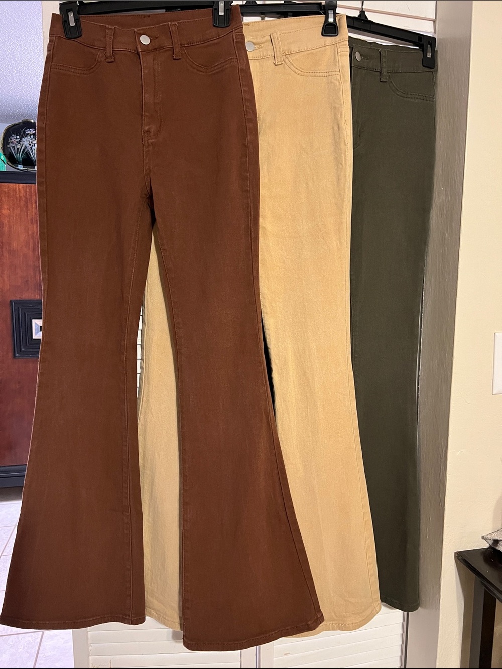 3 Flare High Waist Jeans in Brown, Tan, and Olive - Flat Waist 13.5  Inseam 32”